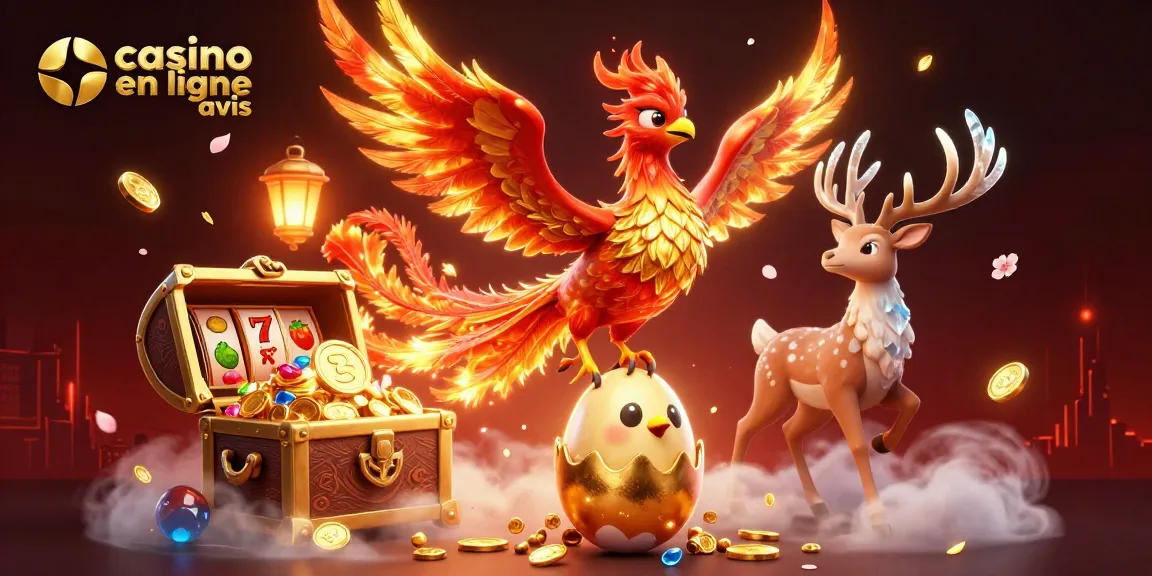 Illustration dynamique avec un phoenix de feu, un oeuf doré et des éléments d'avis sur les casinos en ligne.