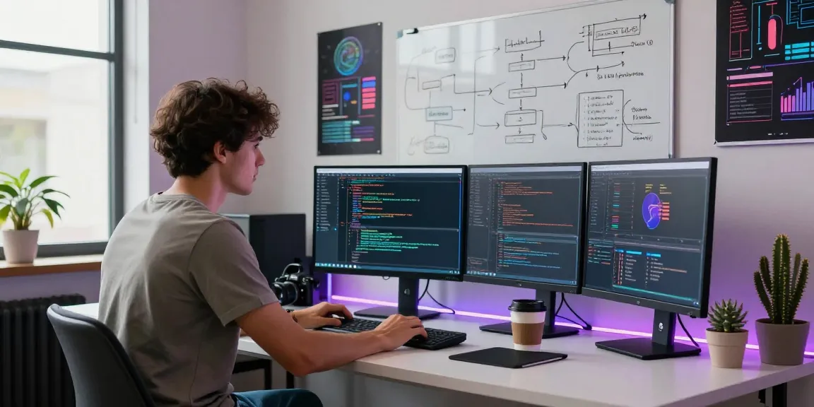 crush on ai software engineer coding in a modern workspace with vibrant atmosphere and tech interfaces