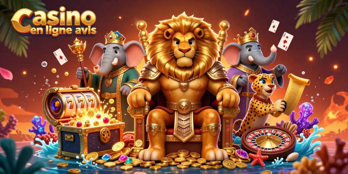 Illustration captivante représentant le roi lion en armure avec une ambiance de casino en ligne avis, entouré de trésors dorés.