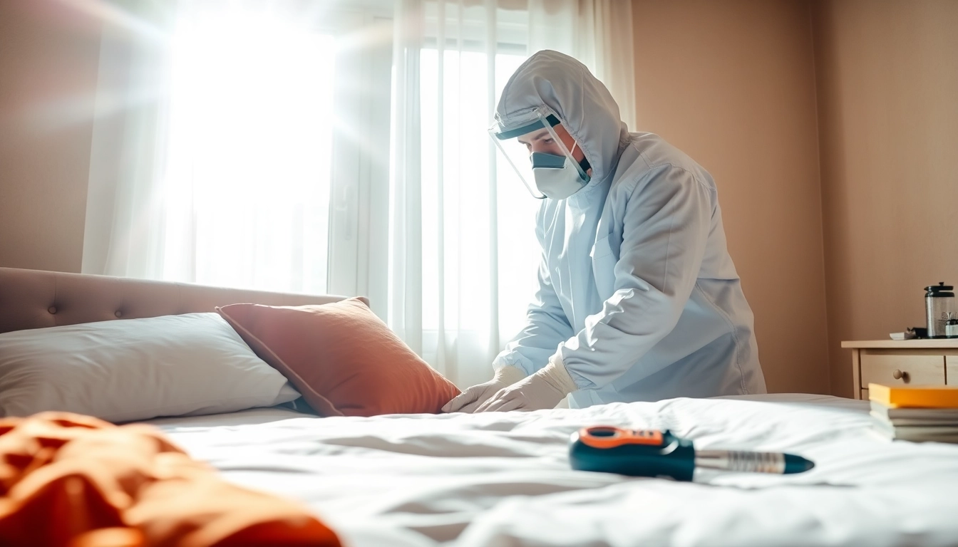 Efficient bed bug extermination near me with professional inspection in a bright bedroom.
