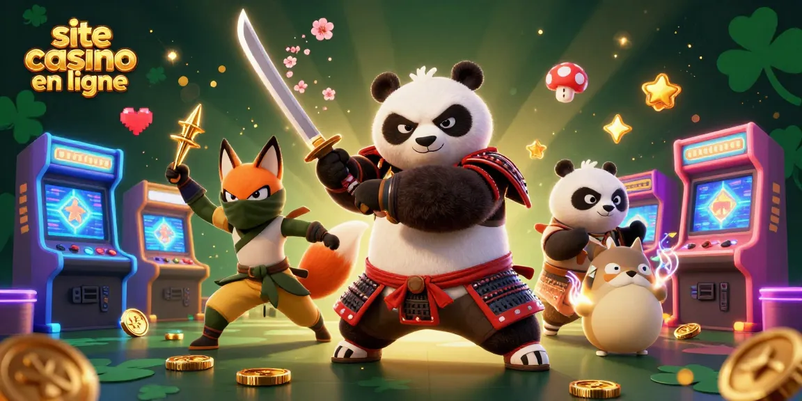 Jouer sur un site casino en ligne avec un panda samouraï et un renard ninja illustrés en 3D.