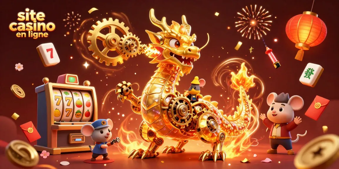 Découvrez une illustration 3D riche qui représente le site casino en ligne avec un dragon doré et des éléments de jeu.