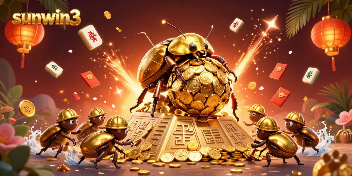 Sunwin3 players enjoying a vibrant 3D casino adventure with golden beetles and symbols