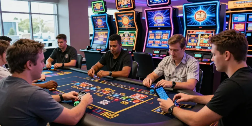 Engaged players at a vibrant credit card casino, using cards for exciting games in the UK.