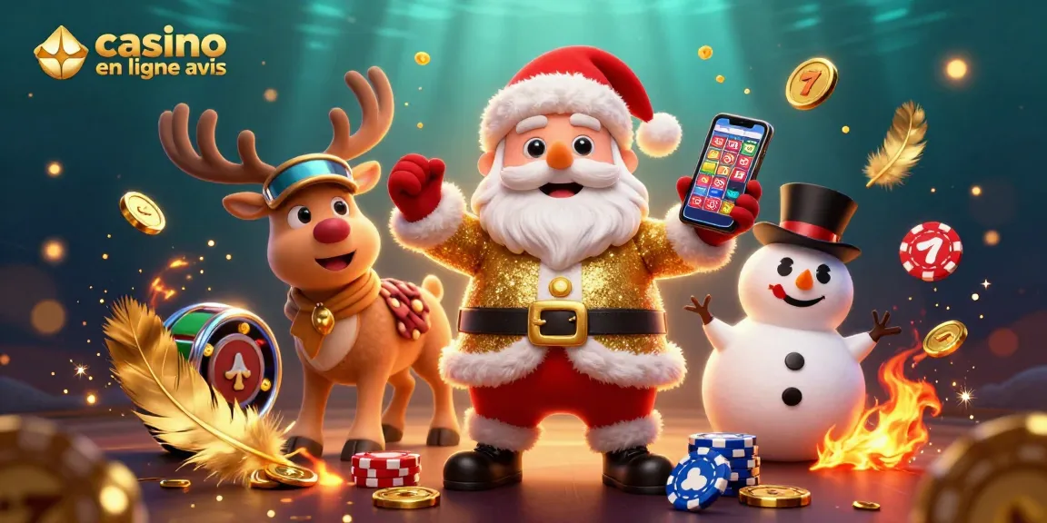 Image captivante illustrant un avis de casino en ligne, mettant en scène un père Noël, un renne et un bonhomme de neige au milieu de symboles de jackpots.