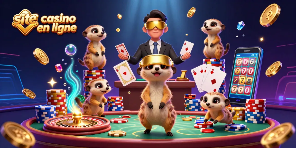 Découvrez une illustration 3D vibrante d'un site casino en ligne animé par des suricates gérant des jeux dans un cadre dynamique.