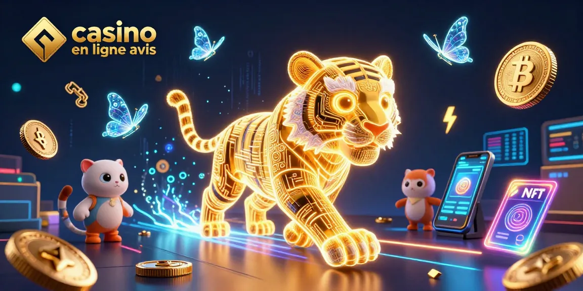 Casino en ligne avis : explorez un paysage numérique captivant avec un tigre et des éléments de crypto-monnaies.
