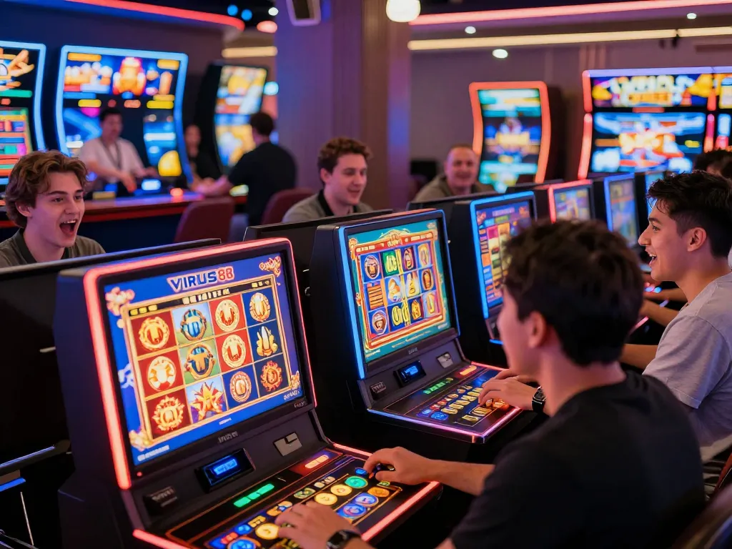 Suasana permainan daring yang menarik dengan pemain menikmati slot di kasino digital Virus88.