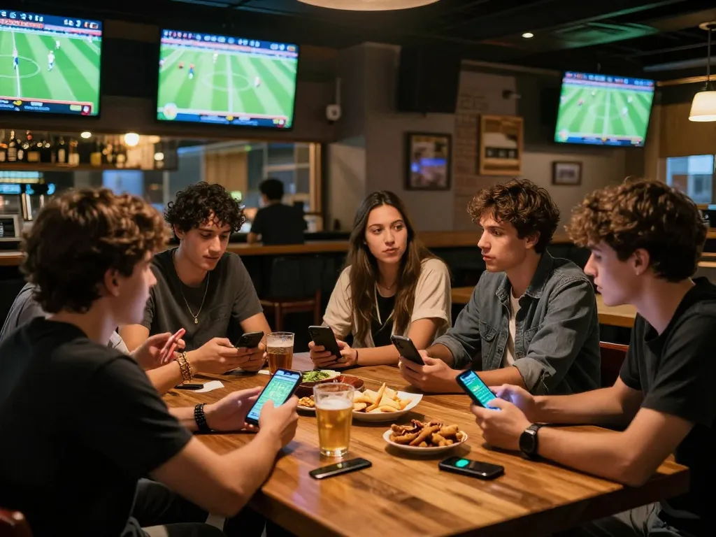 KQBD users placing bets on smartphones during a live football match at a buzzing sports bar.