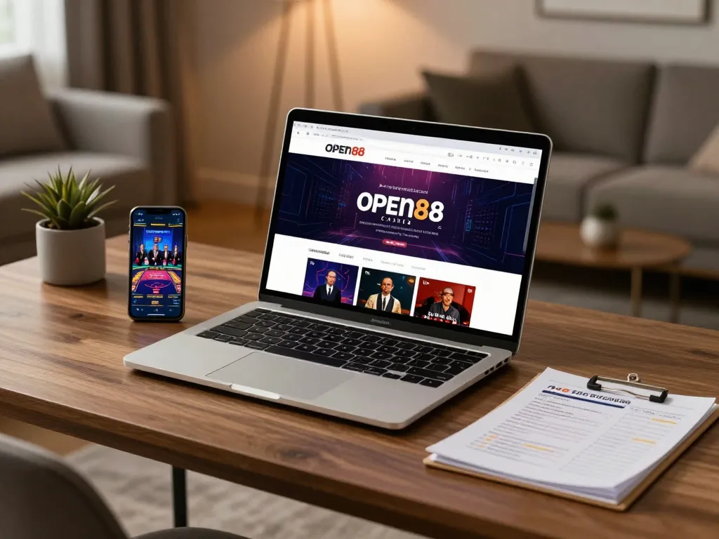 Engaging setup for online gambling at open88 casino featuring laptop and notes in a cozy home office.