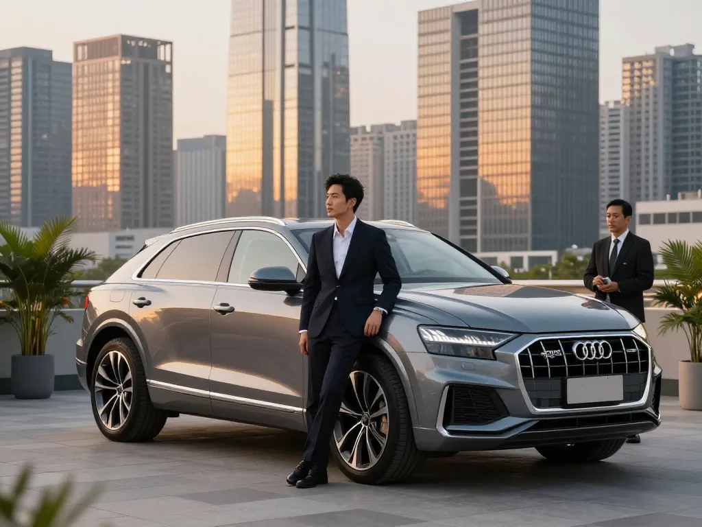 Trải nghiệm cho thuê xe ô tô hạng sang với cho thuê xe ô tô hạng sang có Audi Q8 trong một thành phố sôi động vào lúc hoàng hôn.