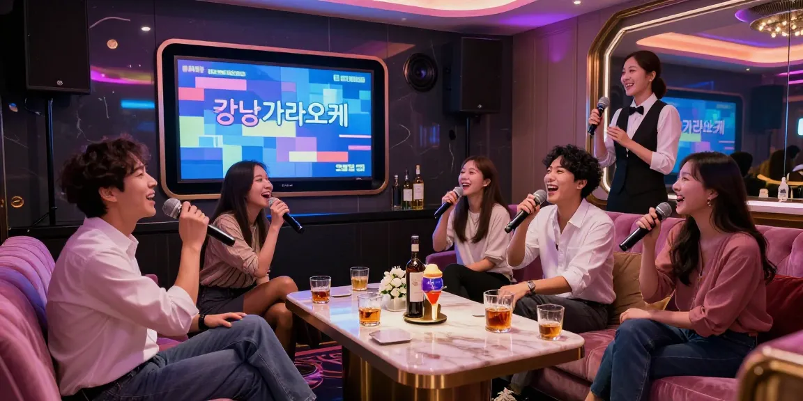 Enjoying an evening at 강남가라오케 with friends, vibrant karaoke room, drinks, and lively atmosphere.