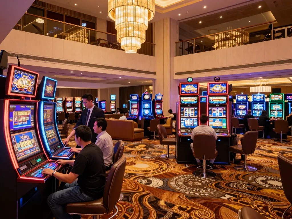 Players enjoy slots in a vibrant casino setting, exploring xfzc168 for exciting gaming options.