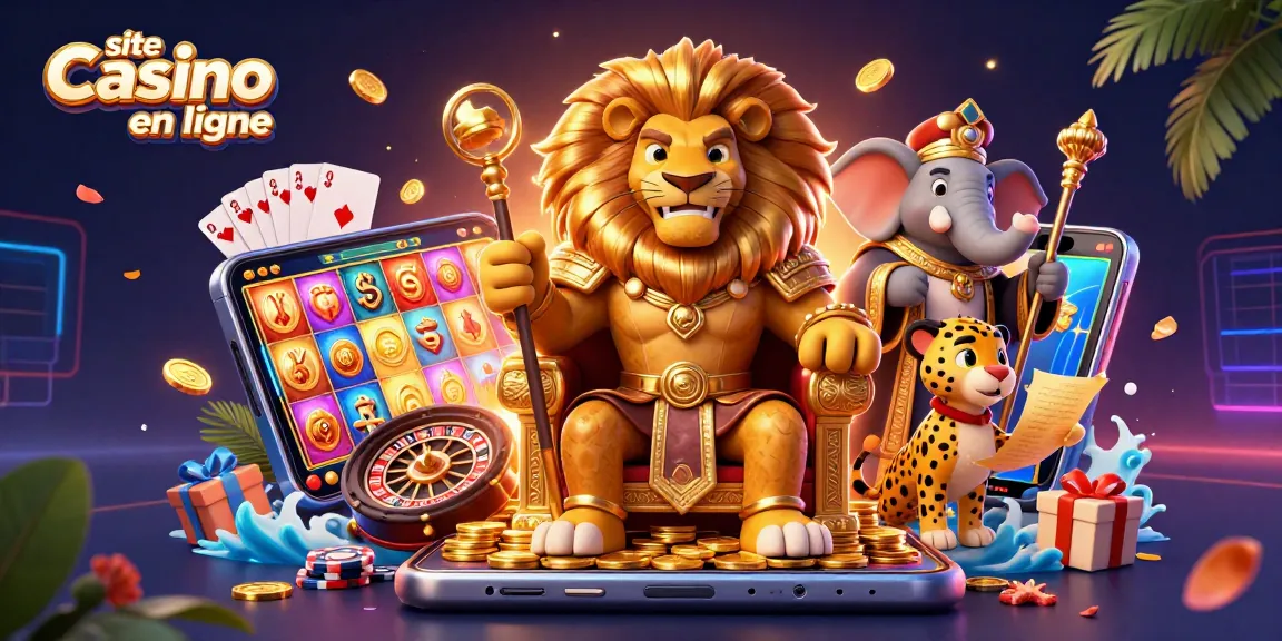 Site casino en ligne avec un roi lion et des éléments de jeu dynamiques sur fond coloré.
