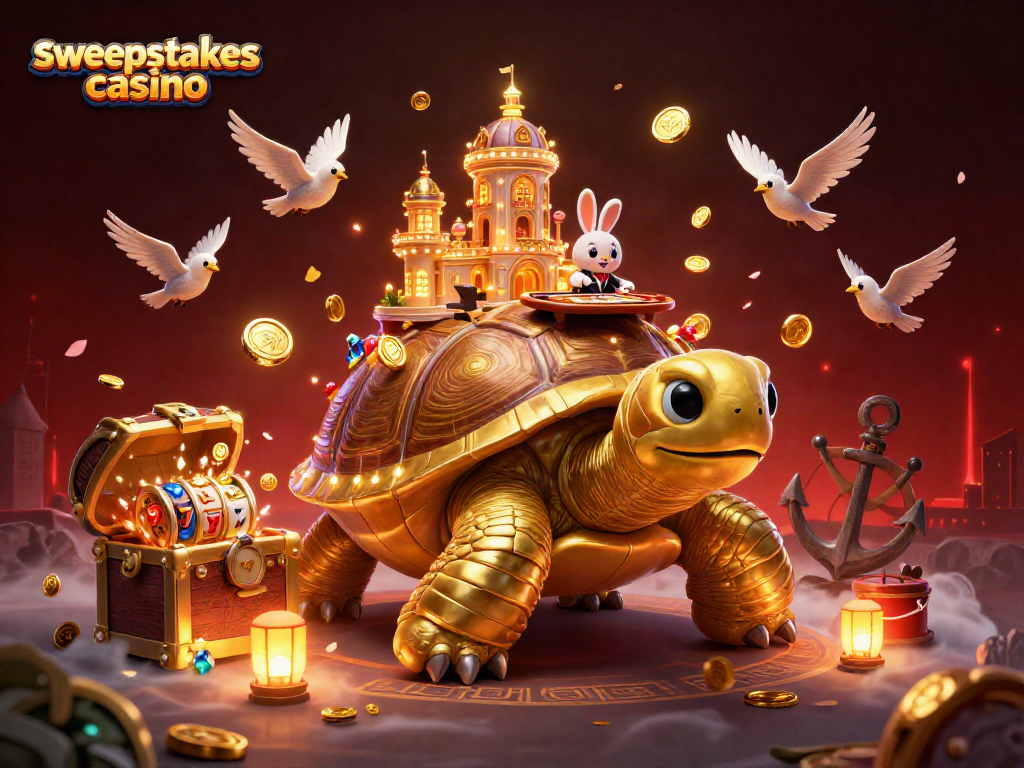 Experience the excitement of sweepstakes casino with animated golden tortoise and lively game elements.