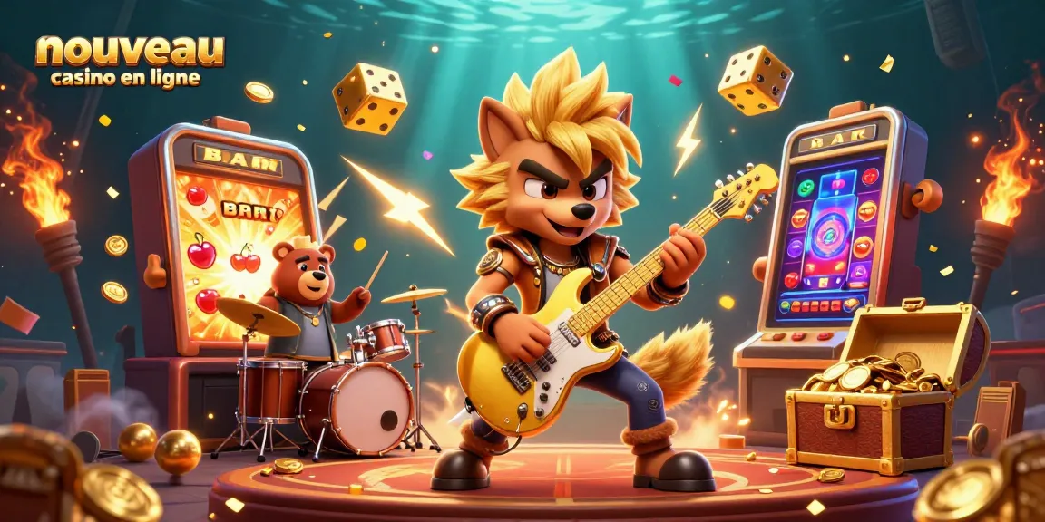 Découvrez le nouveau casino en ligne avec une scène animée mettant en valeur des personnages de jeu vibrants et des éléments de jackpot.