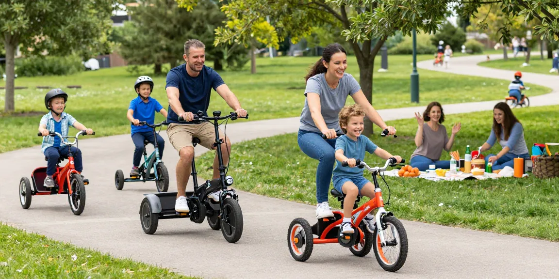 Families enjoying various tricycles, including electric models, in a sunny park setting.