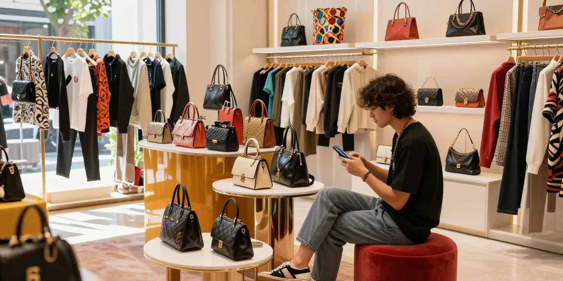 Shopper exploring the vibrant 레플리카 사이트 boutique with designer replicas.