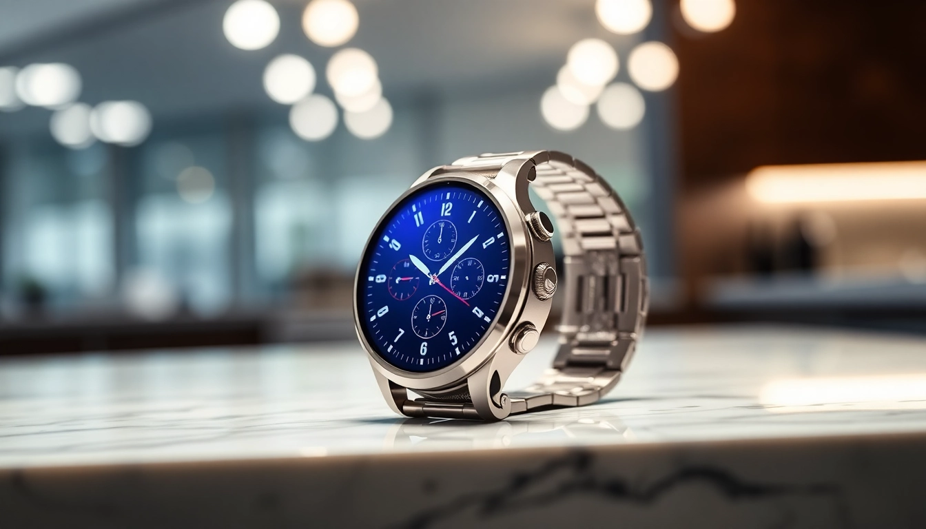 Finesse Smart Watch showcasing its modern design and vibrant interface on a marble backdrop.
