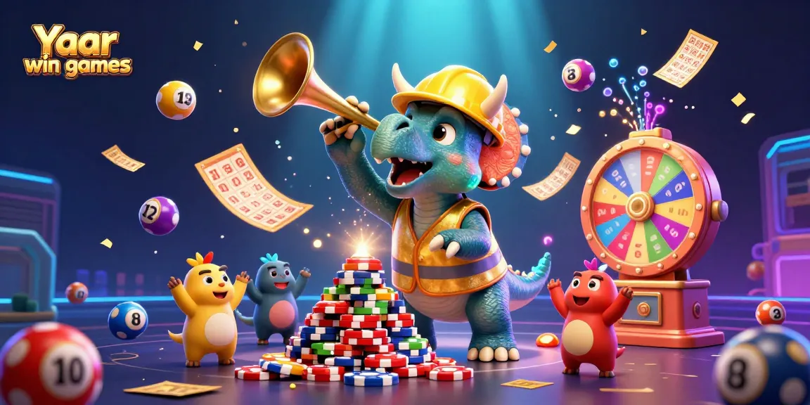 Engage in Yaar win games as vibrant lottery balls bounce among celebratory characters in a dynamic casino scene.