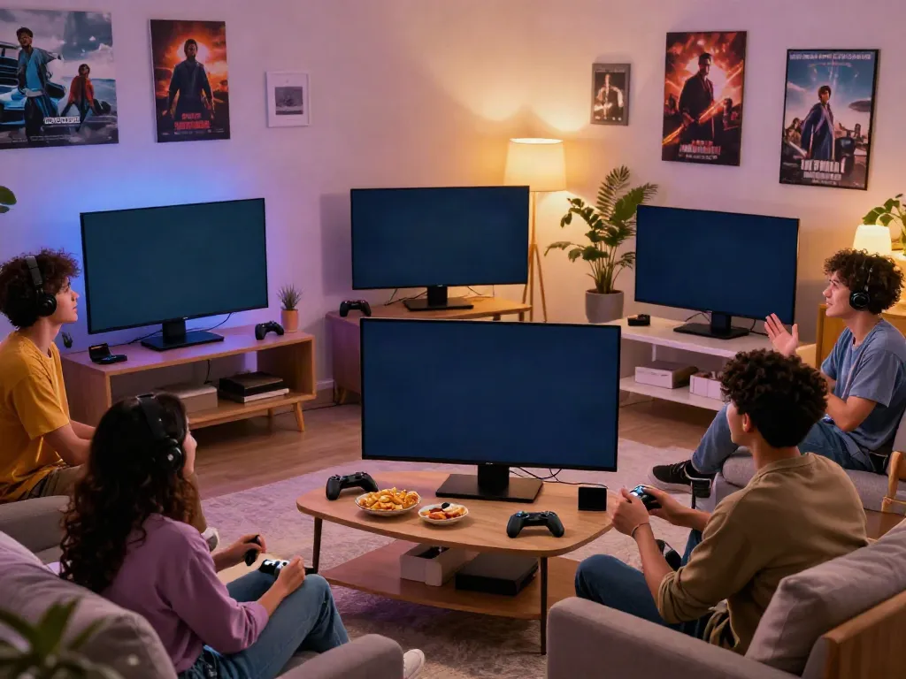 Friends enjoying JAV Sub Indo videos in a cozy living room.