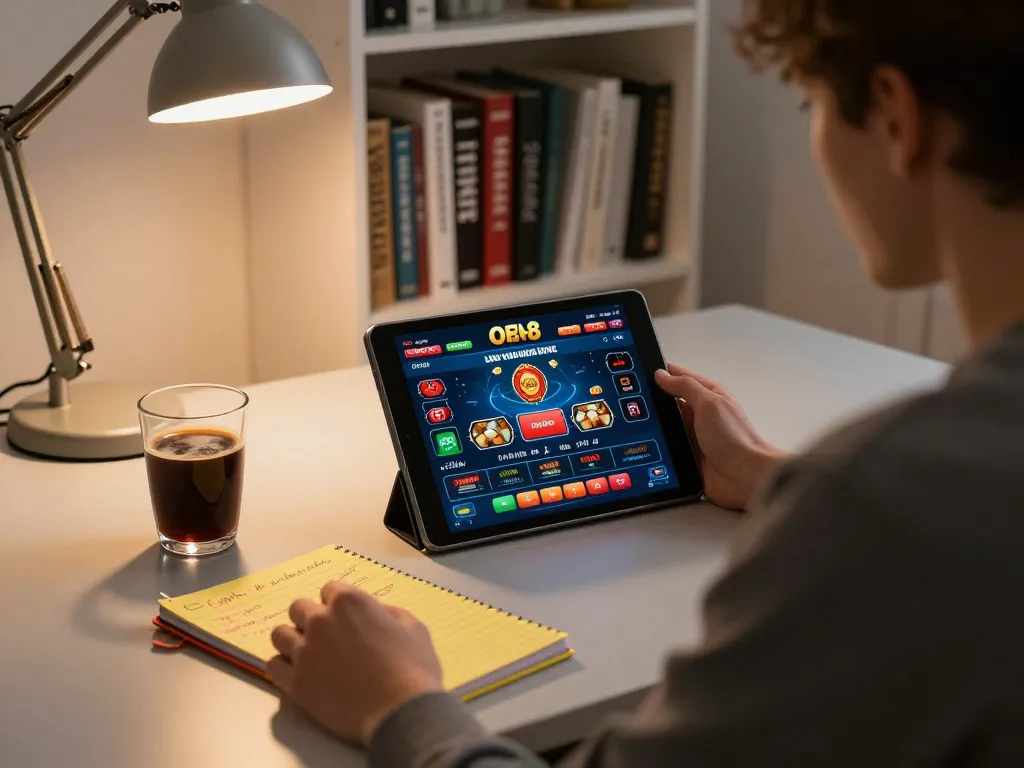 Player enjoying the open88 online casino experience on a tablet in a modern home office.