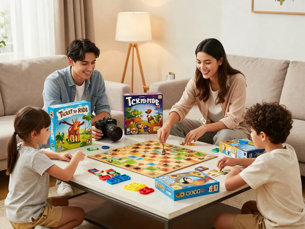 Family enjoying board games together, featuring popular games like Ticket to Ride and Catan for engaging game nights.