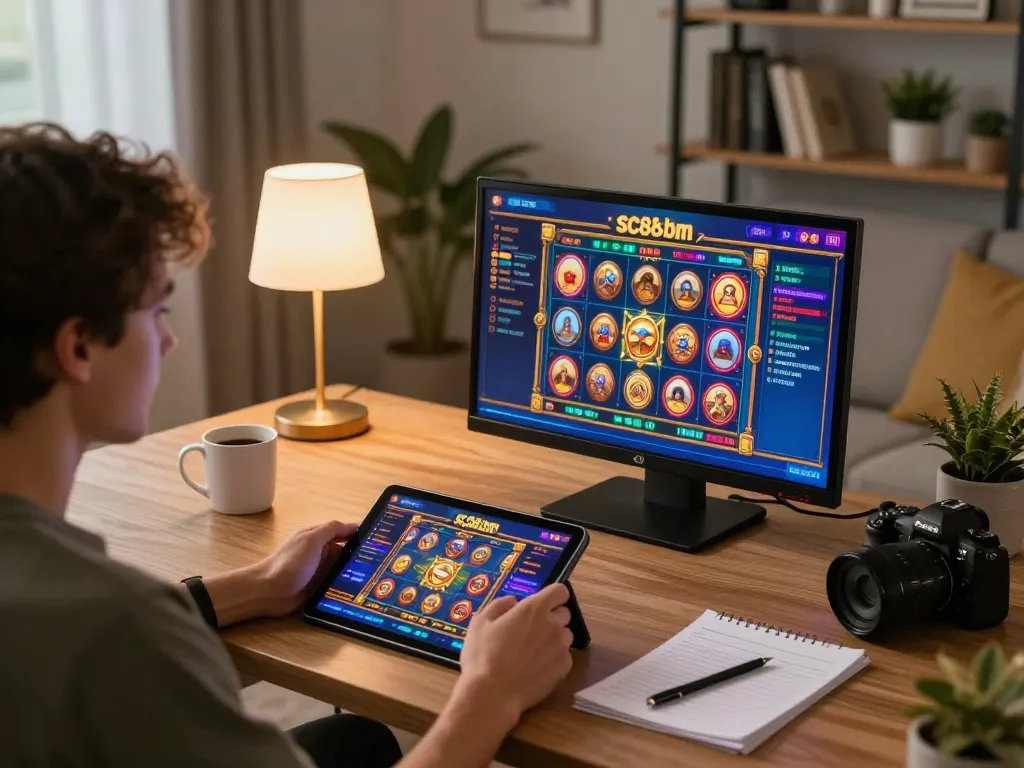 Engaged player using tablet for SC88-bm gaming with vibrant slot visuals in cozy home setting.