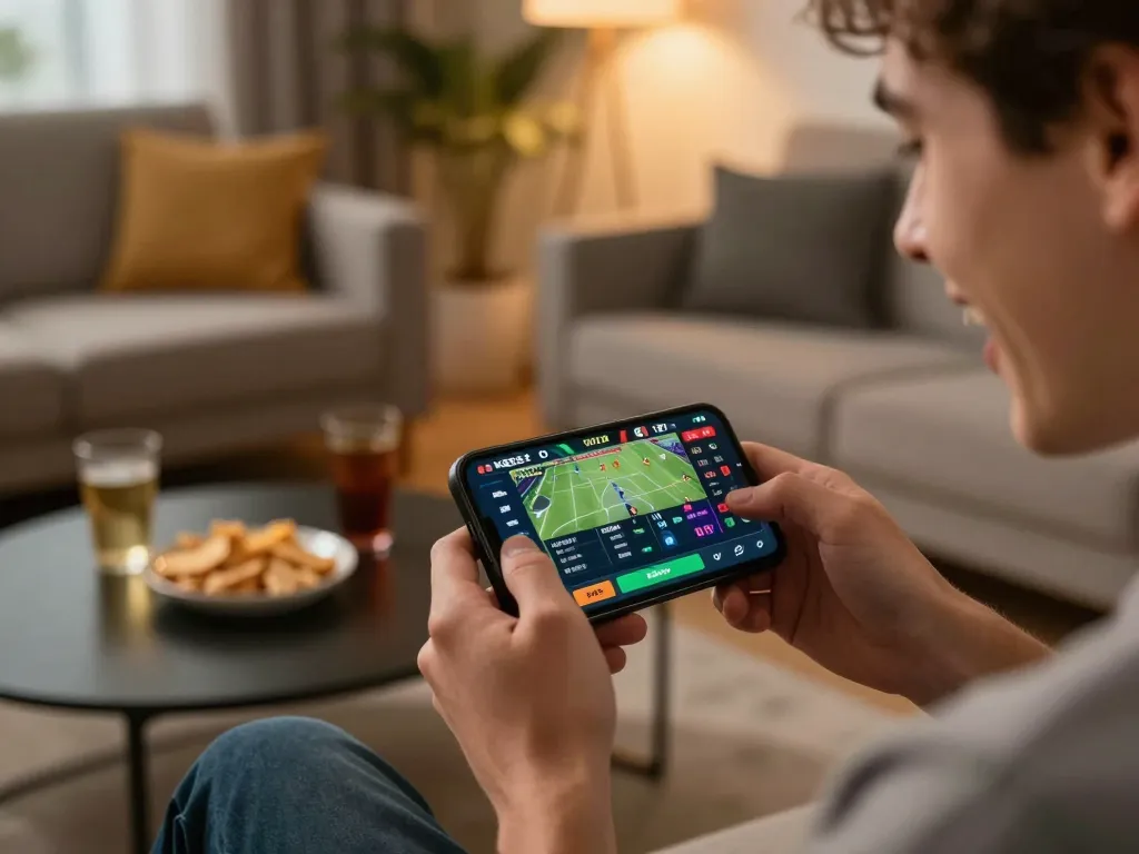 Player enjoying live sports betting via smartphone on the vn23 platform in a cozy home setting