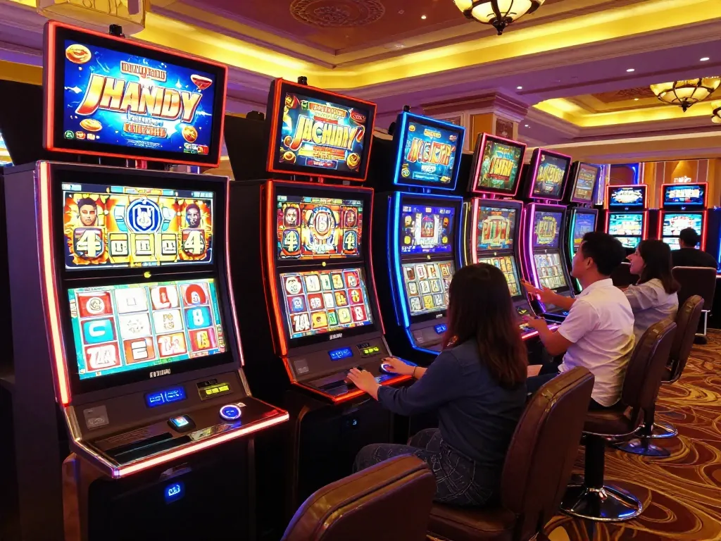 Players enjoying colorful slot machines in an exciting situs slot gacor area at an upscale casino