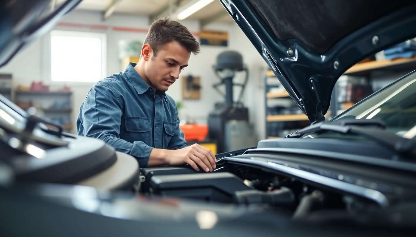 Inspecting high mileage extended auto warranty options with a mechanic in a garage setting.