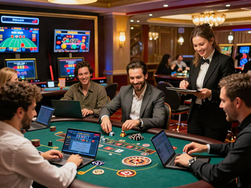 Live casino online players engaging with professional dealers in an elegant virtual gaming environment.