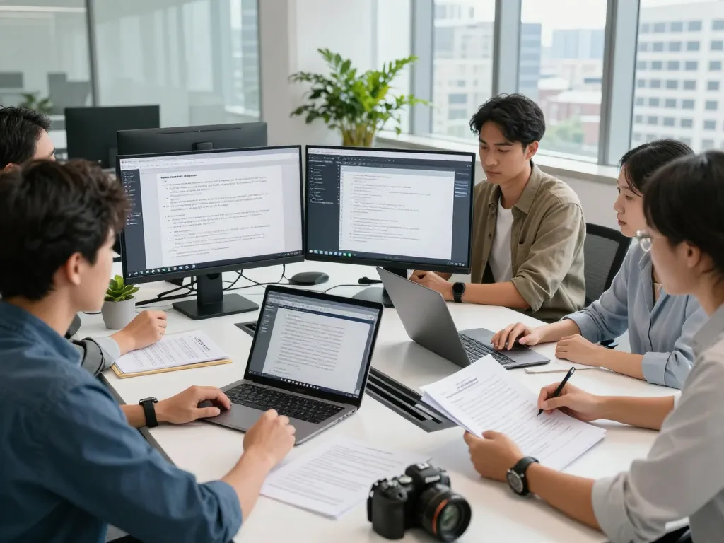 高效团队在现代办公室中与有道词典合作进行多语言翻译。