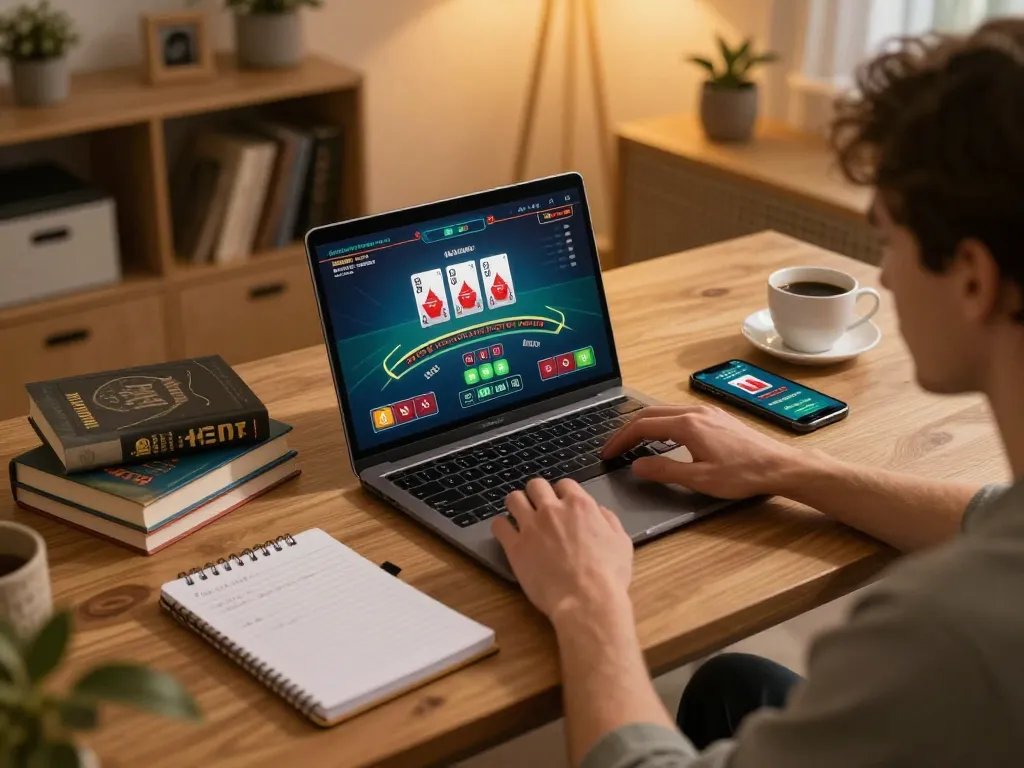 Terlibat dalam blackjack online di rumah dengan paris888 di layar laptop, catatan strategis di tangan.
