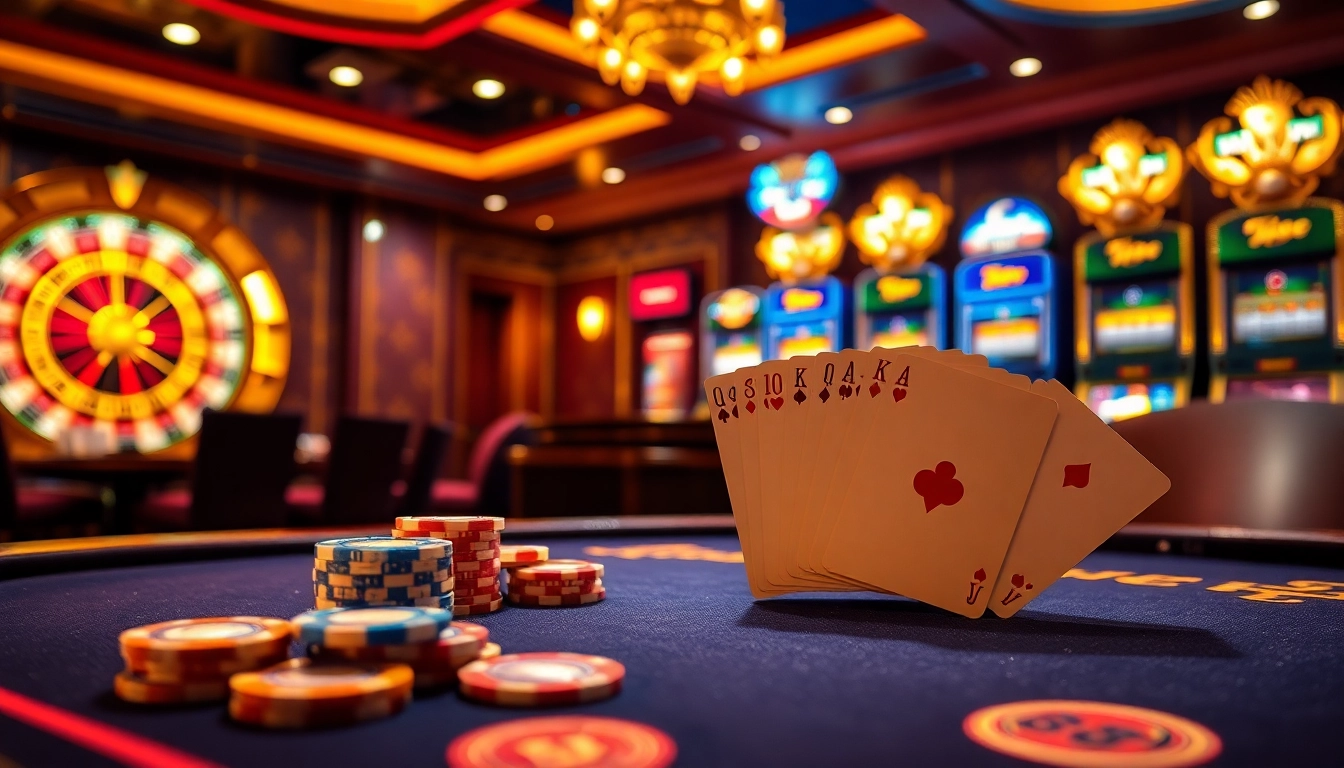 Engaging high-stakes gameplay at GG88 casino, featuring roulette, poker chips, and vibrant slot machines.