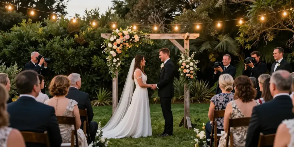 Dunedin wedding photographer capturing an intimate outdoor ceremony during sunset.