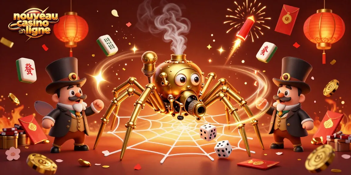 Découvrez le nouveau casino en ligne avec une araignée dorée tissant une toile de jetons et dés, ambiance festive.