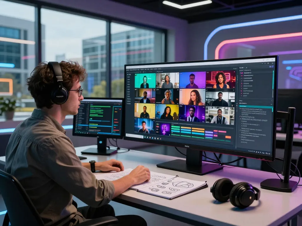 AI specialist using video to prompt software in a modern tech studio with analytics and creative content.
