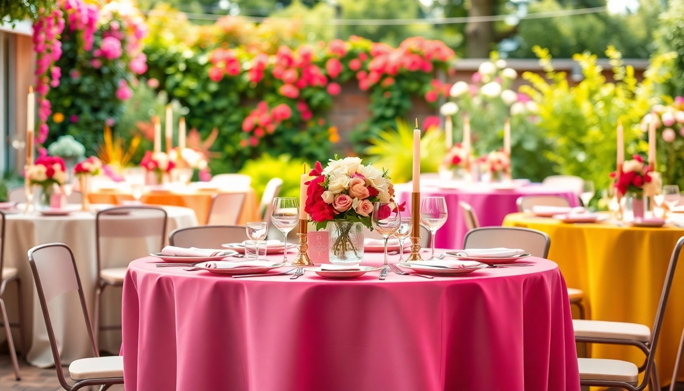 Showcasing table rentals arranged beautifully in an outdoor garden setting for events.
