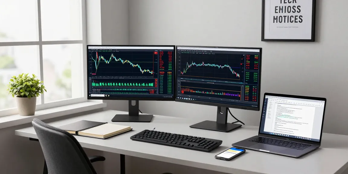 Trader using MetaTrader 5 on multiple screens in an organized workspace.
