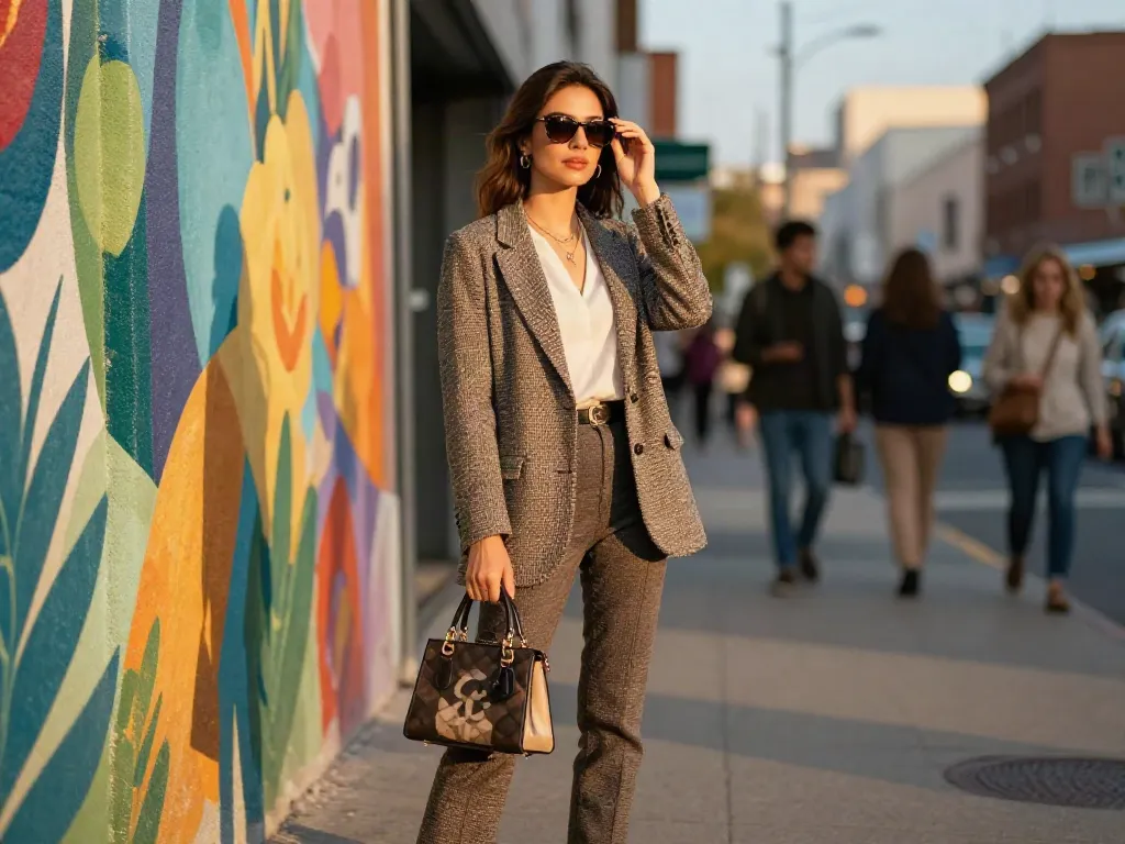 Fashionisk .com features a stylish woman in urban streetwear, showcasing trendy fashion against a vibrant city backdrop during golden hour.