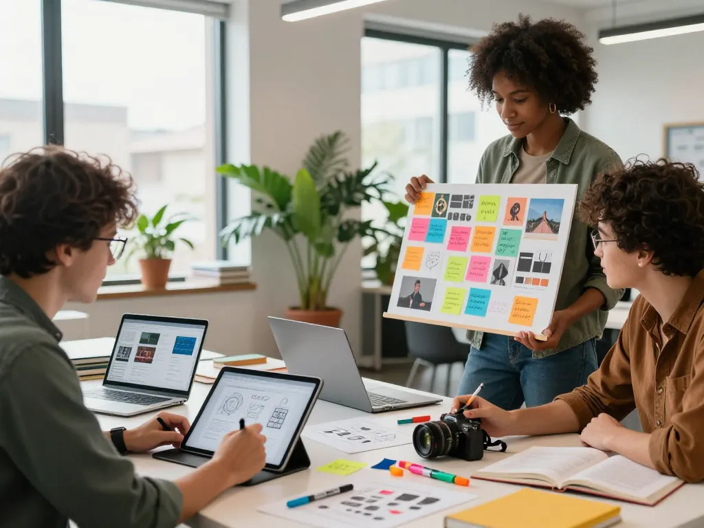 Collaboration scene showing a team generating AI image prompts, showcasing creativity in a bright office.
