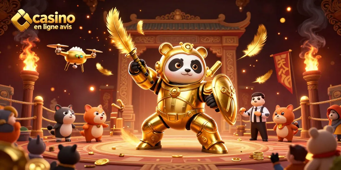 Illustration 3D d'un méca-panda doré dans une arène, offrant des avis sur les casinos en ligne.