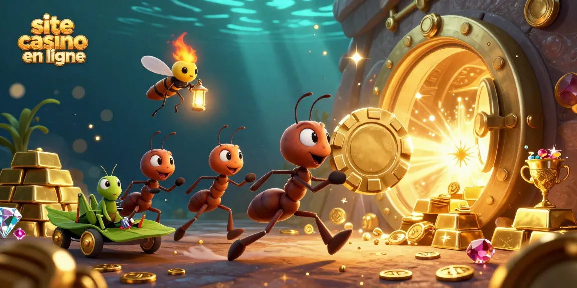 Les fourmis transportent un jeton de poker géant dans une scène de casino sur le site casino en ligne.