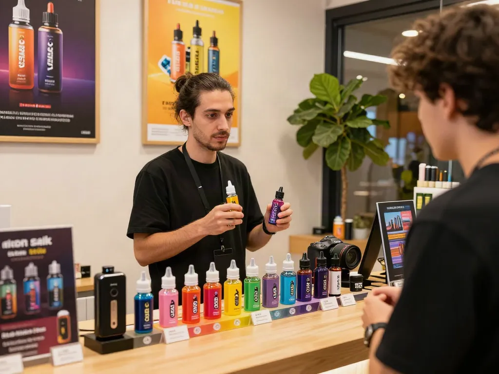 Customer exploring nicotine salt vape juice options in a vibrant vape shop.