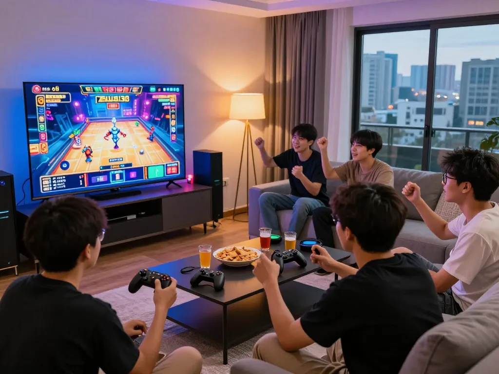 Excited players enjoying Zeus138 online slot games in a vibrant living room.
