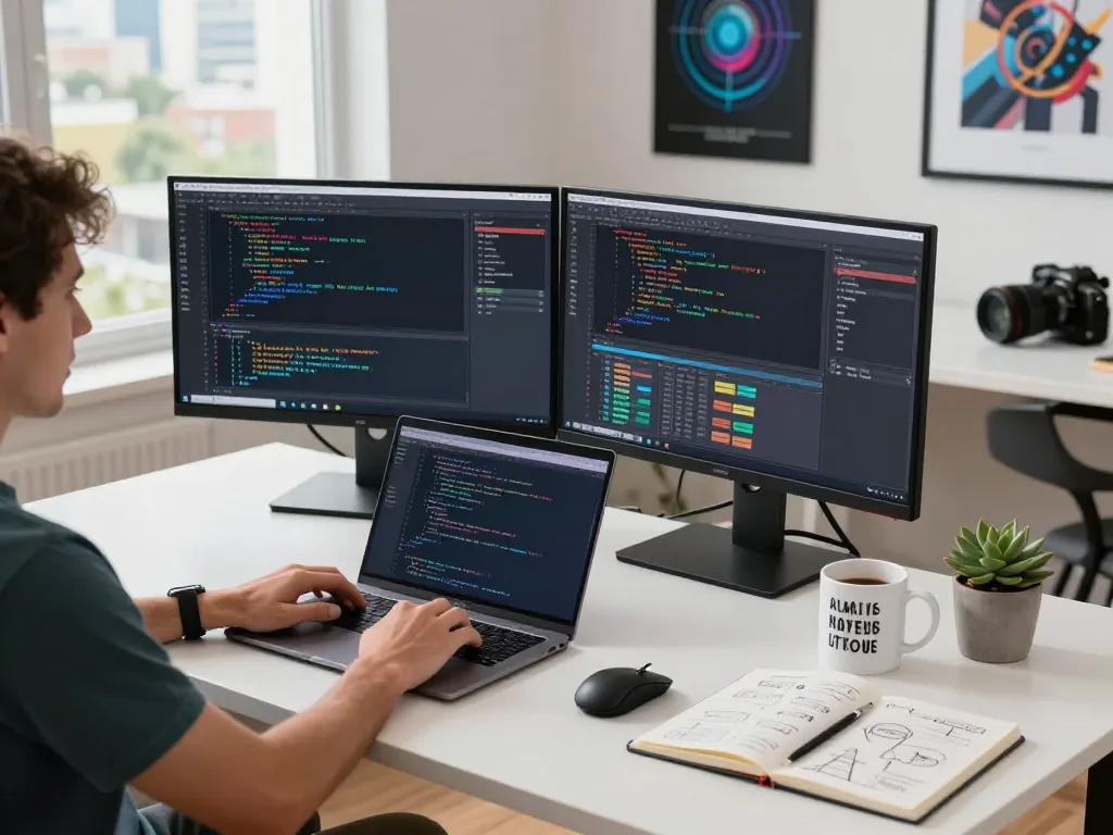 Developer collaborating on moltbot AI project in modern workspace with coding tools.