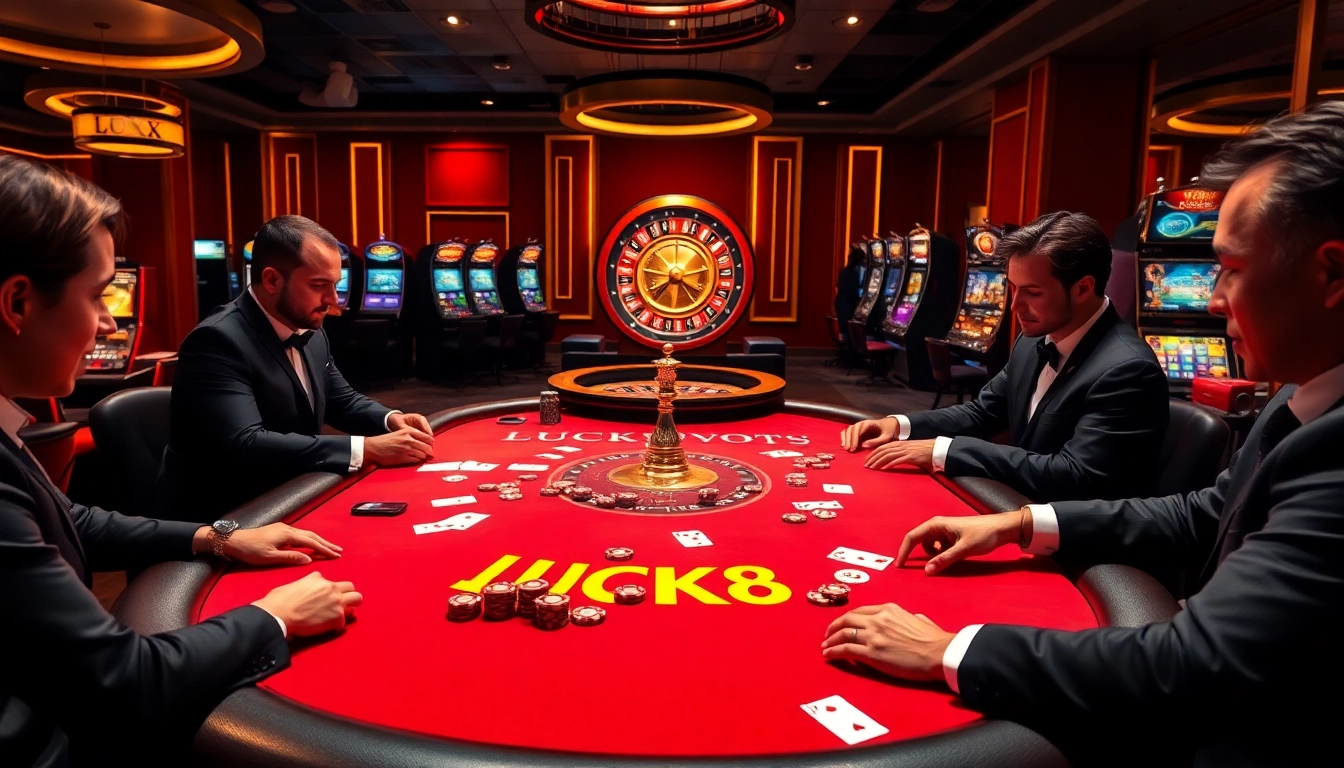 Người chơi LUCK8 tham gia một ván poker căng thẳng trên bàn casino sang trọng với màu sắc sống động.
