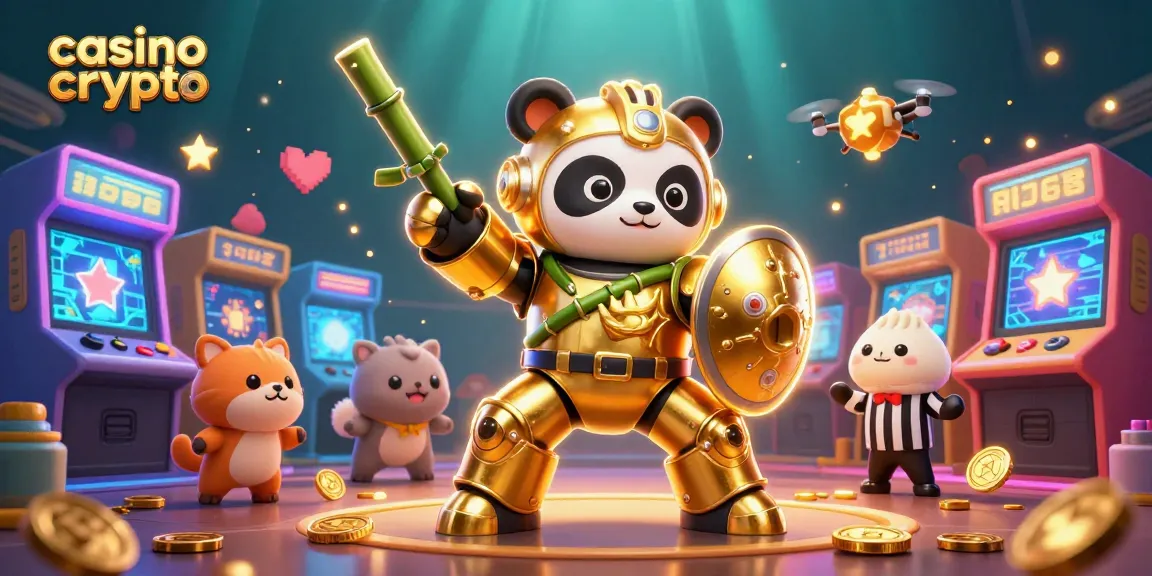 Illustration dynamique sur le thème du casino crypto, mettant en avant un panda doré en combinaison mech.