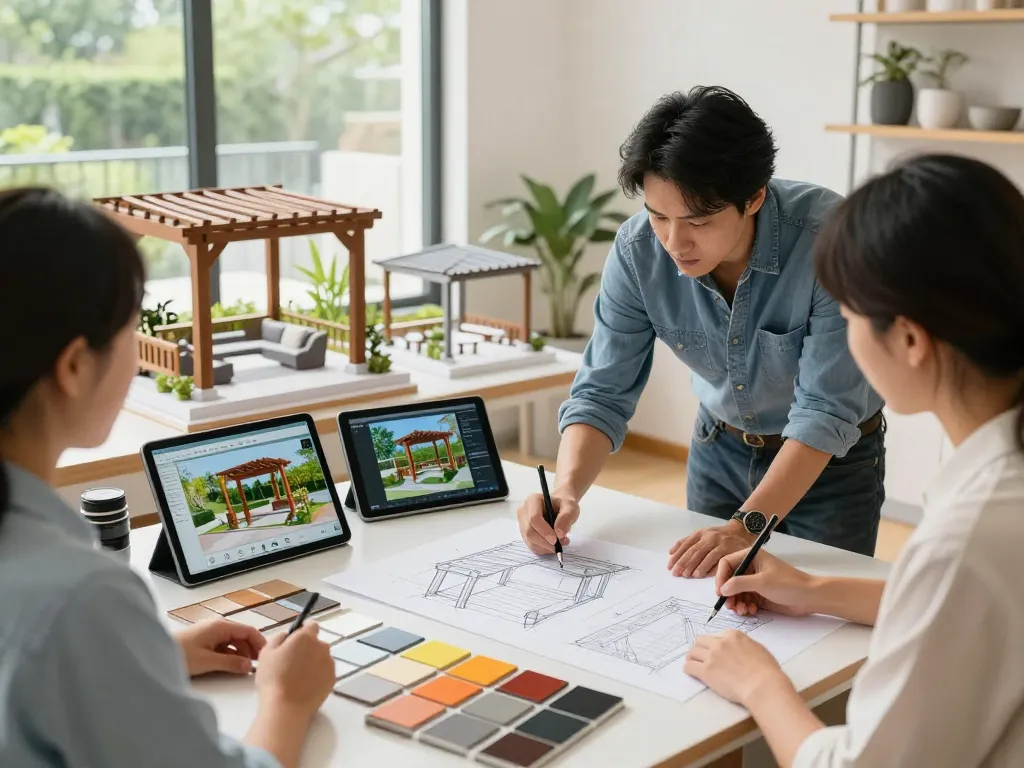 Designer collaborating with clients using pergola configurator software to create custom designs in vibrant garden studio